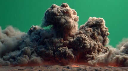 Volcanic eruption explosion with lava and smoke, dramatic VFX, green backdrop.