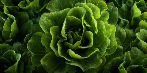 Fototapeta premium Fresh lettuce leaves macro with water drops in organic natural detail - AI generated