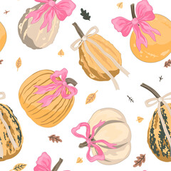 Pumpkins with Coquette Bows Seamless Pattern. Autumn Thanksgiving Prints, Wrapping Paper, Wallpaper, Textiles. Vector illustration.