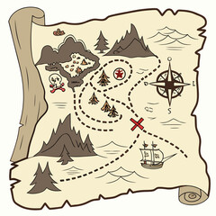Vector art of a cartoon treasure map with a winding path leading to the buried treasure marked with a red x, featuring mountains, trees, a compass, and a pirate ship