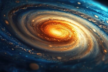 A breathtaking spiral of vibrant orange and deep blue cosmic energy, resembling a luminous, swirling gas giant or fantastical galaxy.