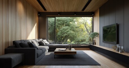 Fototapeta premium Modern interior living space with large window and comfortable furnishings