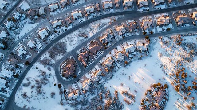 Aerial view of suburban homes during winter sunset