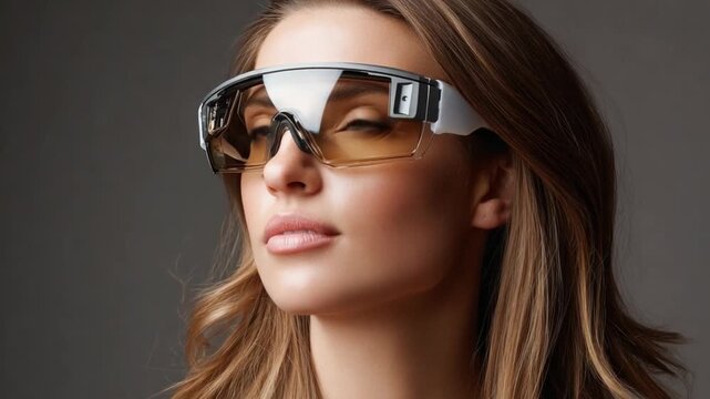Visionary Gaze: A stylish woman with radiant skin models a futuristic pair of glasses, representing cutting-edge technology and the vision of the future.