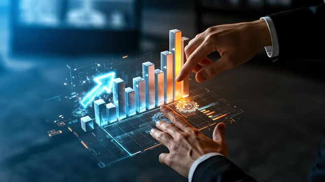 Male businessman interacting with virtual bar chart showing growth. Business data analysis, investment planning, and financial success concept footage. - Powered by Adobe