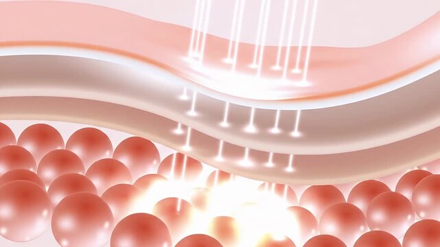 Essence drops absorbed on skin, deep cell melanin disappears, cells rejuvenate, facial spots and wrinkles disappear, anti-aging, laser beauty, concept skin care beauty. Cosmetic ads, 3D animation.