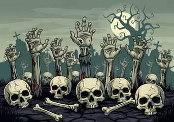 Spooky Halloween Scene - Zombie Hands, Skulls, and Bones Rising from the Grave.