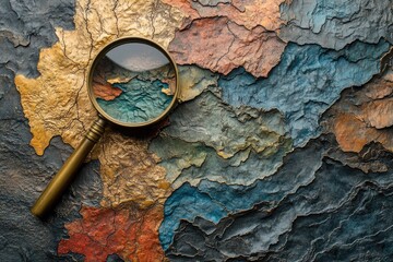A vintage magnifying glass rests on a richly textured, colorful relief map resembling ancient continents, emphasizing intricate geological details and exploration.