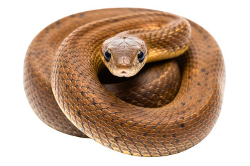 Coiled brown garden snake looking directly at the camera isolated on a transparent background