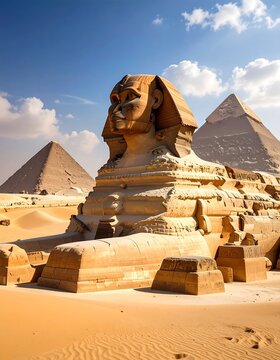 A majestic stone sphinx gazes serenely over sandy dunes, with iconic pyramids rising in the background under a bright, clear, blue sky