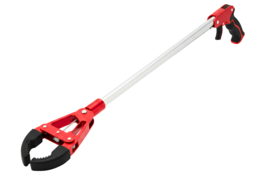 Long reach grabber tool with a red handle and black claw isolated on a transparent background