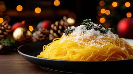 Christmas Eve Spaghetti with Parmesan Snow: Festive Holiday Dinner with Warm Lighting