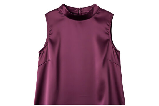 Sleeveless magenta satin blouse with a mock neck collar isolated on a transparent background