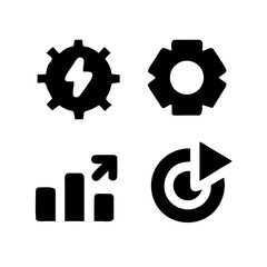 Four black icons representing settings, energy, graph and refresh
