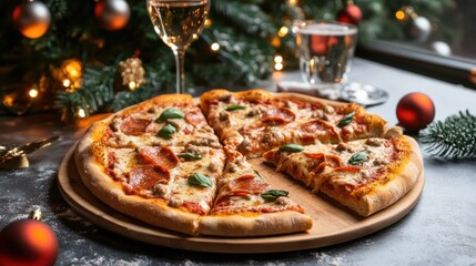 Christmas Pizza with Pepperoni, Sausage and Basil on Wooden Board. Holiday Dinner. Festive Food. Christmas Tree Background. White Wine. Glass.