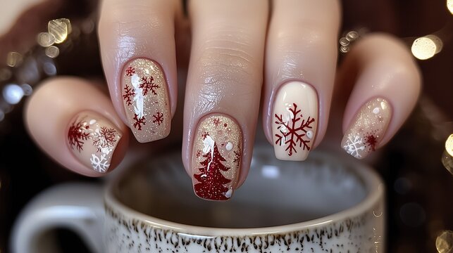 Christmas Snowflake and Tree Nails: Cozy Festive Hand Design with Mug Scene