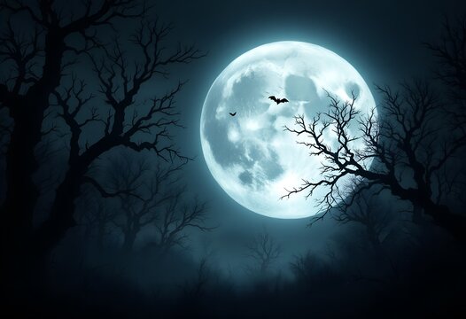 Glowing full moon with a bat flying through a dark, spooky forest landscape with bare trees and a mysterious foggy atmosphere.