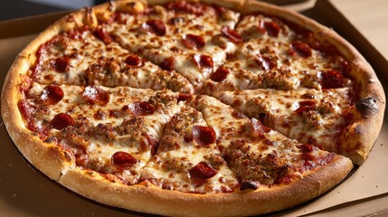 Pizza with Pepperoni and Sausage in a Cardboard Box. Takeout Food. Fast Food. Delivery. Italian Cuisine. Close-Up. Delicious Meal.