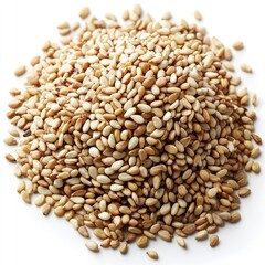 Fototapeta premium Pile of tan sesame seeds, small, oval-shaped on a clean white surface