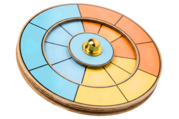 Circular wooden educational toy for learning about fractions isolated on a transparent background