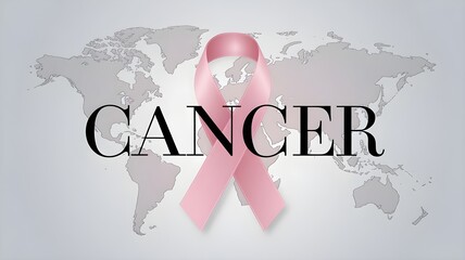 National Cancer Awareness Day Poster with Pink Ribbon and World Map Silhouette on Light Gray Background