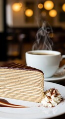 Elegant crepe cake with coffee, a delightful dessert pairing.