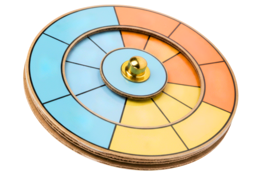 Circular wooden educational toy for learning about fractions isolated on a transparent background