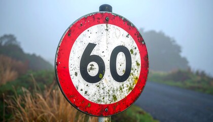 Roadside speed limit sign indicating a maximum speed of 60 kilometers per hour, set against a hazy, natural background