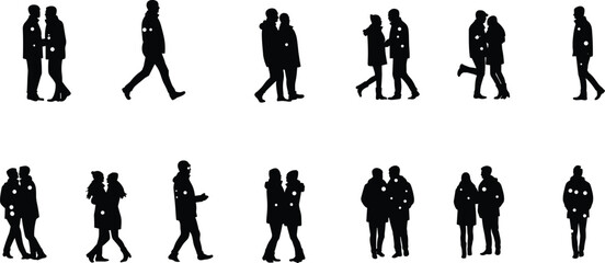 Silhouette of couple walking together, romantic man and woman in love, relationship, affection, lifestyle, people enjoying outdoor companionship