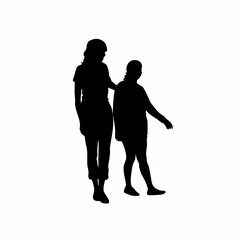 Silhouette of caregiver assisting patient with walking training isolated on white background