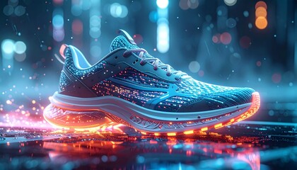 Next-Gen Running Shoe with Holographic Fitness Tracking in a High-Tech Setting