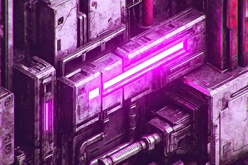 Metallic, grungy structures glow with radiant magenta