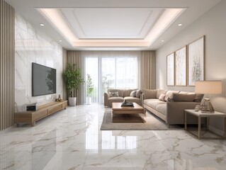 Fototapeta premium Modern living room interior design with furniture tv and natural light