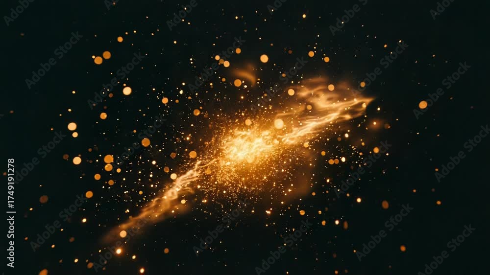 Wall mural golden glowing particles exploding in abstract space galaxy