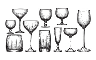 Cocktail Glasses, a Collection of Vintage Hand-Drawn Sketch Illustrations Featuring Various Styles of Wine, Champagne, and Coupe Glassware