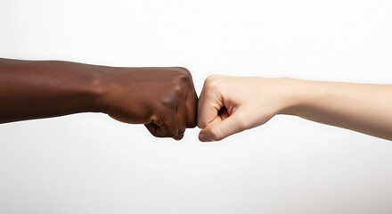 Stop racism. hand of different skin color bumping fists on white background, closeup