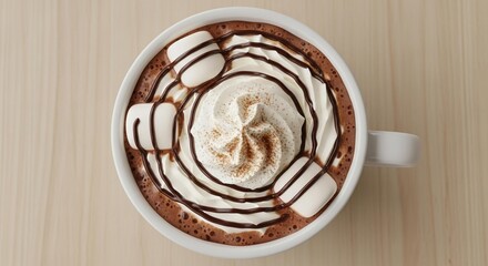Hot espresso beverage with milk foam in a white porcelain cup on a brown wooden table for a sweet morning breakfast at a cafe