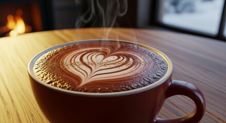 A steaming cup of hot cappuccino with chocolate on a brown table is a perfect morning beverage at a cafe