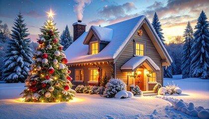 Cozy house with glowing windows, decorated Christmas tree, snowy trees, and sunset sky with stars.