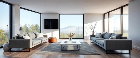 Modern minimalist living room with grey sofa, coffee table, and large window,  airy,  cozy