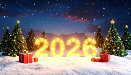 Five decorated Christmas trees with illuminated “2026” numbers, snow-covered ground, and wrapped gifts under sparkling sky.