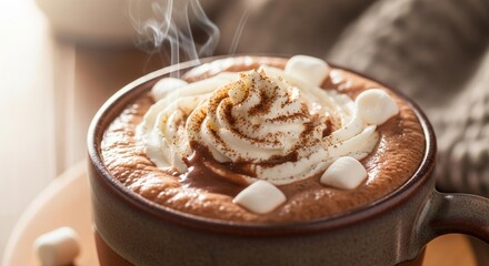 A steaming mug of rich hot chocolate topped with whipped cream, cinnamon, and mini marshmallows, evoking warmth and comfort.