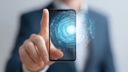 Person uses a touchscreen device to interact with a glowing digital holographic display in a modern setting