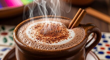 Close-up of a hot brown cappuccino cup with cinnamon and milk foam, a delightful coffee beverage for breakfast
