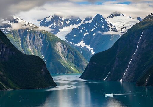 Majestic Alaskan Landscape - Glacial Waters and Snow-Capped Peaks.