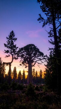 A majestic tree stands prominent against the vibrant colors of a forest sunset, framed by silhouettes of surrounding pines