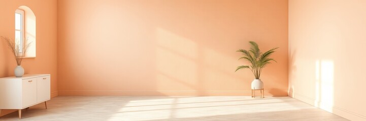 Modern Interior Design with Peach Walls, Minimalist Furniture, and Natural Light for a Warm and Inviting Atmosphere, Perfect for Home Decor and