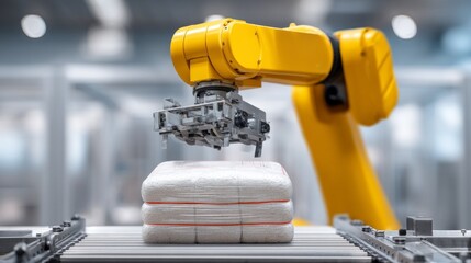 Massive frozen food factory features robotic arms handling product packaging and processing in a modern facility