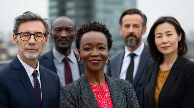 A diverse and confident group of five professionals standing together in a modern urban environment, showcasing unity and strength in the business world.