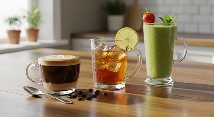 Hot or cold herbal green tea with lemon, cinnamon, or mint in a glass or cup, an isolated drink or beverage